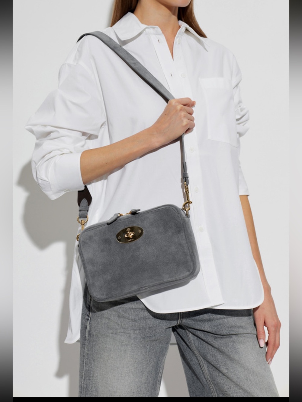 Mulberry Gray Suede Crossbody with Gold Turn-Lock